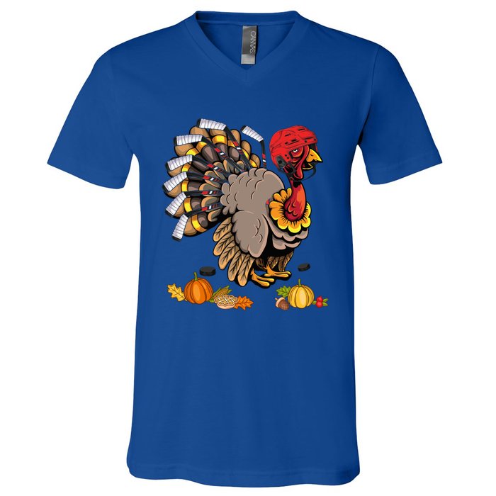 Cute Turkey Ice Hockey Player Turkeys Day Happy Thanksgiving Gift V-Neck T-Shirt