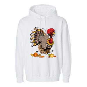 Cute Turkey Ice Hockey Player Turkeys Day Happy Thanksgiving Gift Garment-Dyed Fleece Hoodie