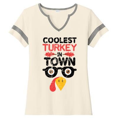 Coolest Turkey In Town Funny Thanksgiving Holiday Vintage Great Gift Ladies Halftime Notch Neck Tee