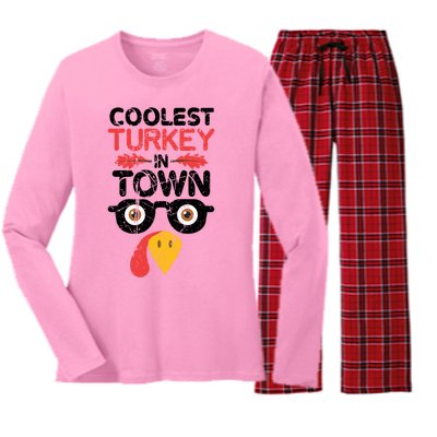 Coolest Turkey In Town Funny Thanksgiving Holiday Vintage Great Gift Women's Long Sleeve Flannel Pajama Set 