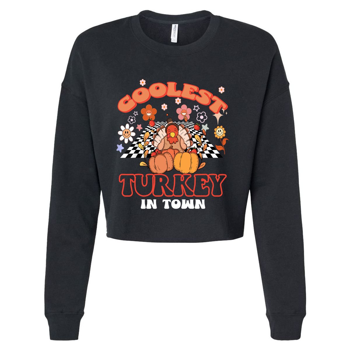 Coolest Turkey In Town Groovy Thanksgiving Matching Family Gift Cropped Pullover Crew
