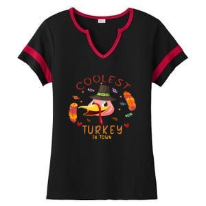 Coolest Turkey In Town Happy Thanksgiving Birthday Presents Gift Ladies Halftime Notch Neck Tee