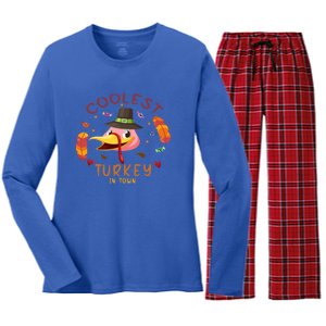 Coolest Turkey In Town Happy Thanksgiving Birthday Presents Gift Women's Long Sleeve Flannel Pajama Set 