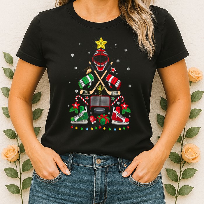Christmas Tree Ice Hockey Ornaments Xmas Womens T-Shirt