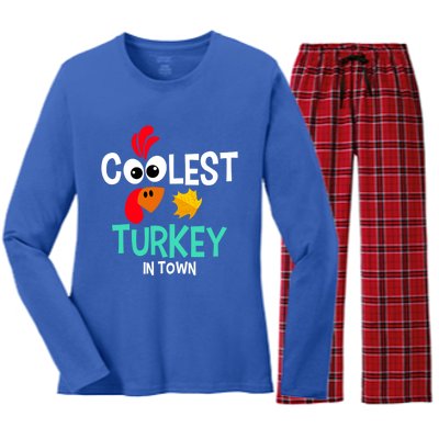 Coolest Turkey In Town Funny Thanksgiving Quote Great Gift Women's Long Sleeve Flannel Pajama Set 