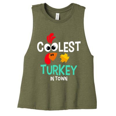 Coolest Turkey In Town Funny Thanksgiving Quote Great Gift Women's Racerback Cropped Tank