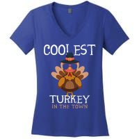 Coolest Turkey In The Town Thanksgiving Outfit Turkey Funny Gift Women's V-Neck T-Shirt