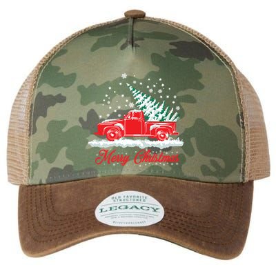 Christmas Tree In Back Of Old Red Pick Up Truck Snowing Cute Gift Legacy Tie Dye Trucker Hat