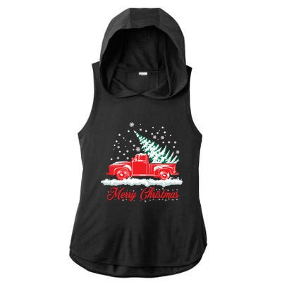 Christmas Tree In Back Of Old Red Pick Up Truck Snowing Cute Gift Ladies PosiCharge Tri-Blend Wicking Draft Hoodie Tank