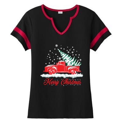 Christmas Tree In Back Of Old Red Pick Up Truck Snowing Cute Gift Ladies Halftime Notch Neck Tee