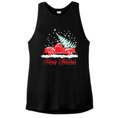 Christmas Tree In Back Of Old Red Pick Up Truck Snowing Cute Gift Ladies PosiCharge Tri-Blend Wicking Tank