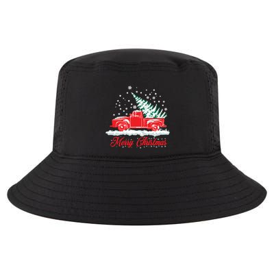Christmas Tree In Back Of Old Red Pick Up Truck Snowing Cute Gift Cool Comfort Performance Bucket Hat