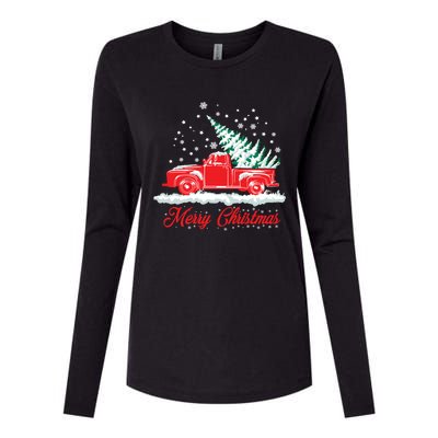 Christmas Tree In Back Of Old Red Pick Up Truck Snowing Cute Gift Womens Cotton Relaxed Long Sleeve T-Shirt