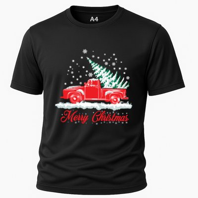 Christmas Tree In Back Of Old Red Pick Up Truck Snowing Cute Gift Performance Shirt