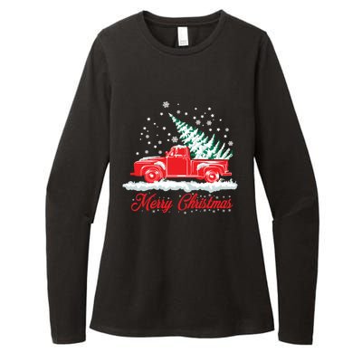 Christmas Tree In Back Of Old Red Pick Up Truck Snowing Cute Gift Womens CVC Long Sleeve Shirt