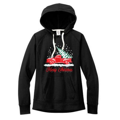 Christmas Tree In Back Of Old Red Pick Up Truck Snowing Cute Gift Women's Fleece Hoodie