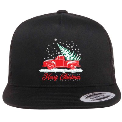 Christmas Tree In Back Of Old Red Pick Up Truck Snowing Cute Gift Flatbill Hat