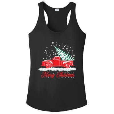 Christmas Tree In Back Of Old Red Pick Up Truck Snowing Cute Gift Ladies PosiCharge Competitor Racerback Tank