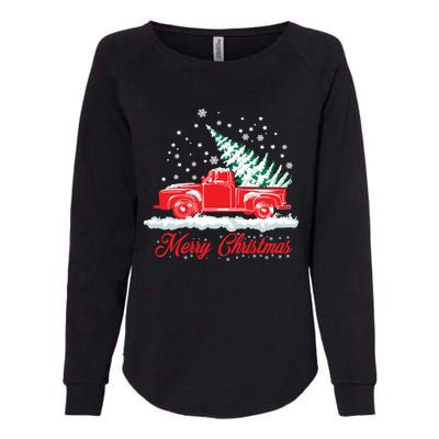 Christmas Tree In Back Of Old Red Pick Up Truck Snowing Cute Gift Womens California Wash Sweatshirt