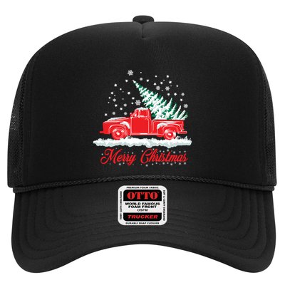 Christmas Tree In Back Of Old Red Pick Up Truck Snowing Cute Gift Trucker Hat