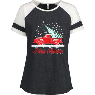 Christmas Tree In Back Of Old Red Pick Up Truck Snowing Cute Gift Enza Ladies Jersey Colorblock Tee