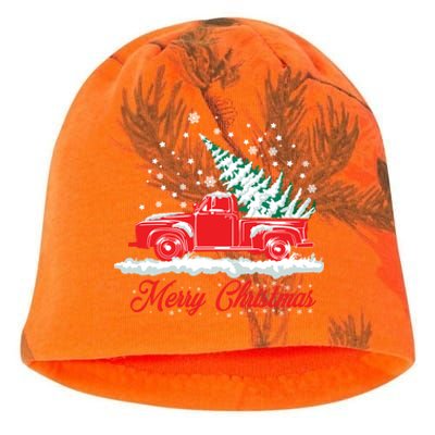 Christmas Tree In Back Of Old Red Pick Up Truck Snowing Cute Gift Kati - Camo Knit Beanie