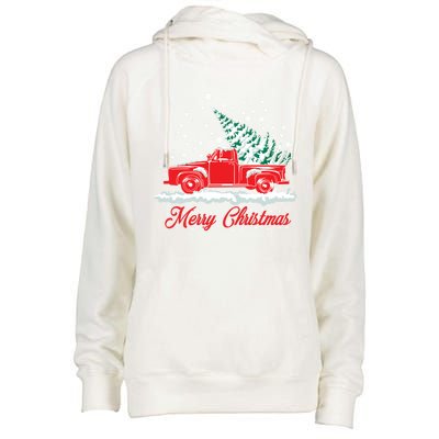 Christmas Tree In Back Of Old Red Pick Up Truck Snowing Cute Gift Womens Funnel Neck Pullover Hood