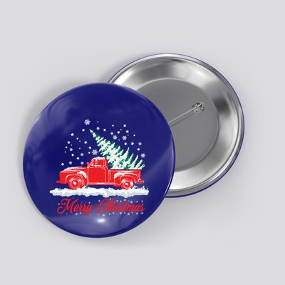 Christmas Tree In Back Of Old Red Pick Up Truck Snowing Cute Gift Button