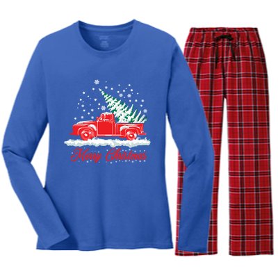 Christmas Tree In Back Of Old Red Pick Up Truck Snowing Cute Gift Women's Long Sleeve Flannel Pajama Set 