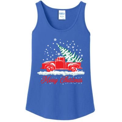 Christmas Tree In Back Of Old Red Pick Up Truck Snowing Cute Gift Ladies Essential Tank