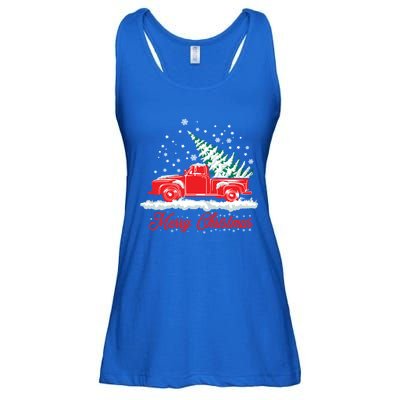 Christmas Tree In Back Of Old Red Pick Up Truck Snowing Cute Gift Ladies Essential Flowy Tank