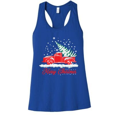 Christmas Tree In Back Of Old Red Pick Up Truck Snowing Cute Gift Women's Racerback Tank