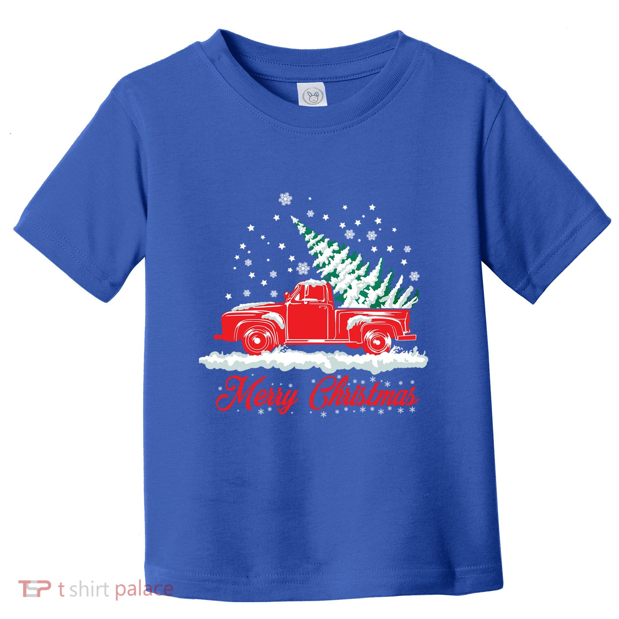 Christmas Tree In Back Of Old Red Pick Up Truck Snowing Cute Gift Toddler T-Shirt