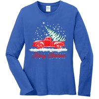 Christmas Tree In Back Of Old Red Pick Up Truck Snowing Cute Gift Ladies Long Sleeve Shirt