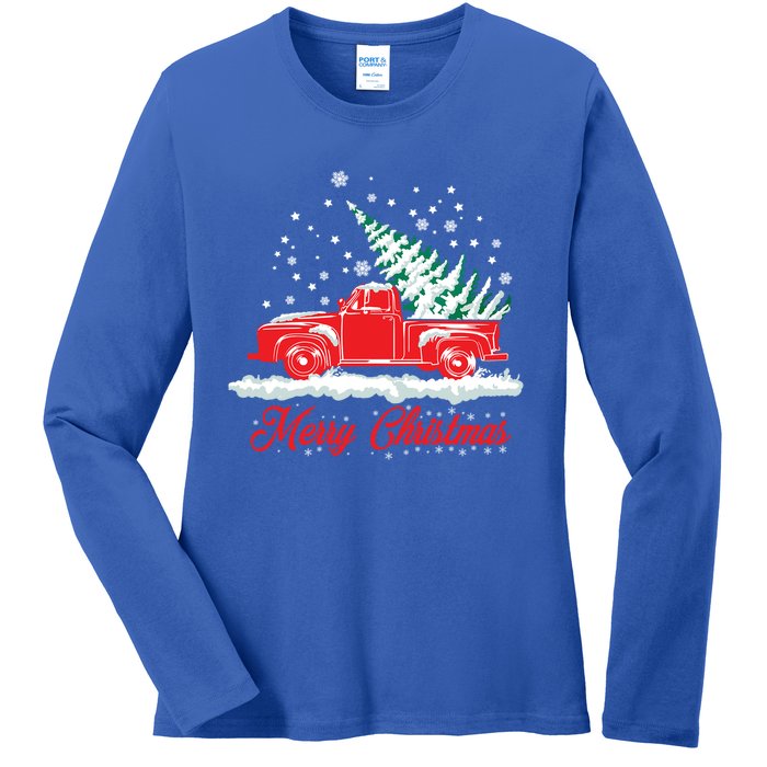 Christmas Tree In Back Of Old Red Pick Up Truck Snowing Cute Gift Ladies Long Sleeve Shirt