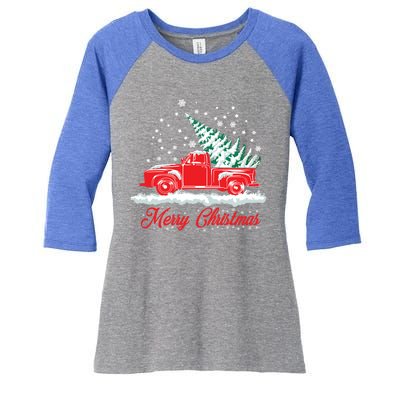 Christmas Tree In Back Of Old Red Pick Up Truck Snowing Cute Gift Women's Tri-Blend 3/4-Sleeve Raglan Shirt