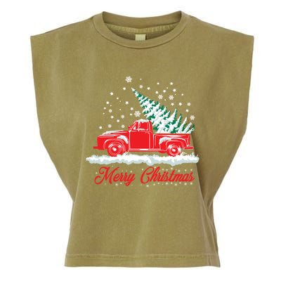 Christmas Tree In Back Of Old Red Pick Up Truck Snowing Cute Gift Garment-Dyed Women's Muscle Tee