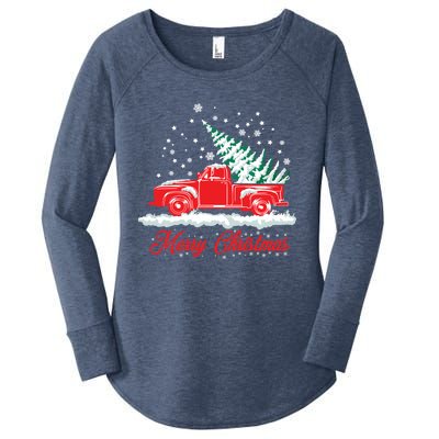 Christmas Tree In Back Of Old Red Pick Up Truck Snowing Cute Gift Women's Perfect Tri Tunic Long Sleeve Shirt