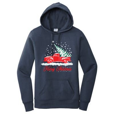 Christmas Tree In Back Of Old Red Pick Up Truck Snowing Cute Gift Women's Pullover Hoodie