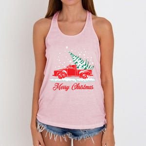 Christmas Tree In Back Of Old Red Pick Up Truck Snowing Cute Gift Women's Knotted Racerback Tank