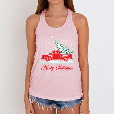 Christmas Tree In Back Of Old Red Pick Up Truck Snowing Cute Gift Women's Knotted Racerback Tank