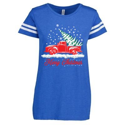 Christmas Tree In Back Of Old Red Pick Up Truck Snowing Cute Gift Enza Ladies Jersey Football T-Shirt