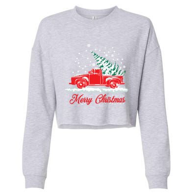 Christmas Tree In Back Of Old Red Pick Up Truck Snowing Cute Gift Cropped Pullover Crew