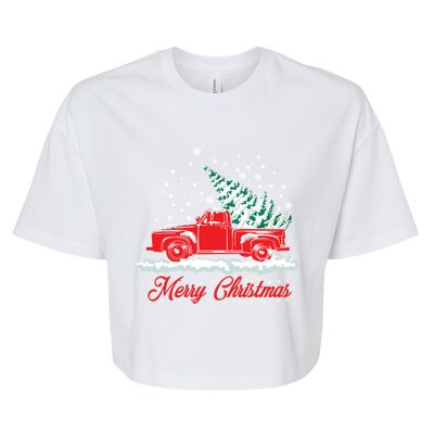 Christmas Tree In Back Of Old Red Pick Up Truck Snowing Cute Gift Bella+Canvas Jersey Crop Tee