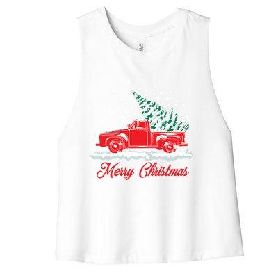 Christmas Tree In Back Of Old Red Pick Up Truck Snowing Cute Gift Women's Racerback Cropped Tank