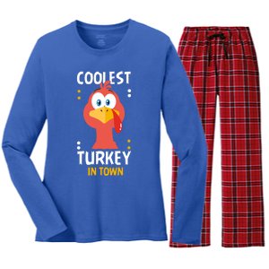 Coolest Turkey In Town Happy Family Thanksgiving Gift Women's Long Sleeve Flannel Pajama Set 