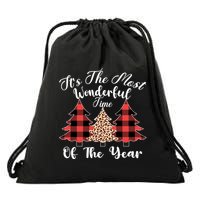 Christmas Trees It's The Most Wonderful Time Of The Year Plaid Leopard Trees Drawstring Bag
