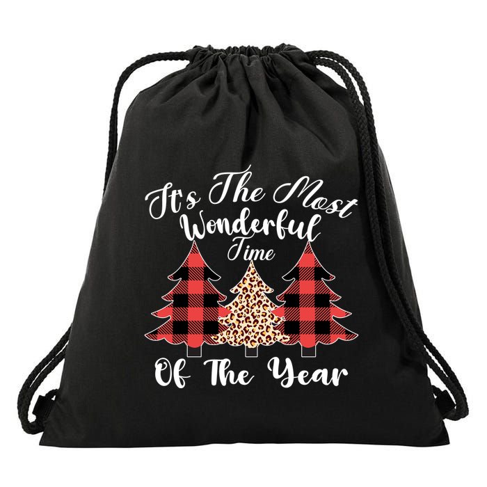 Christmas Trees It's The Most Wonderful Time Of The Year Plaid Leopard Trees Drawstring Bag
