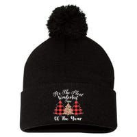 Christmas Trees It's The Most Wonderful Time Of The Year Plaid Leopard Trees Pom Pom 12in Knit Beanie