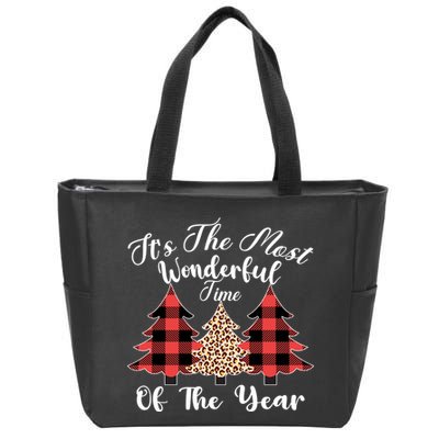 Christmas Trees It's The Most Wonderful Time Of The Year Plaid Leopard Trees Zip Tote Bag